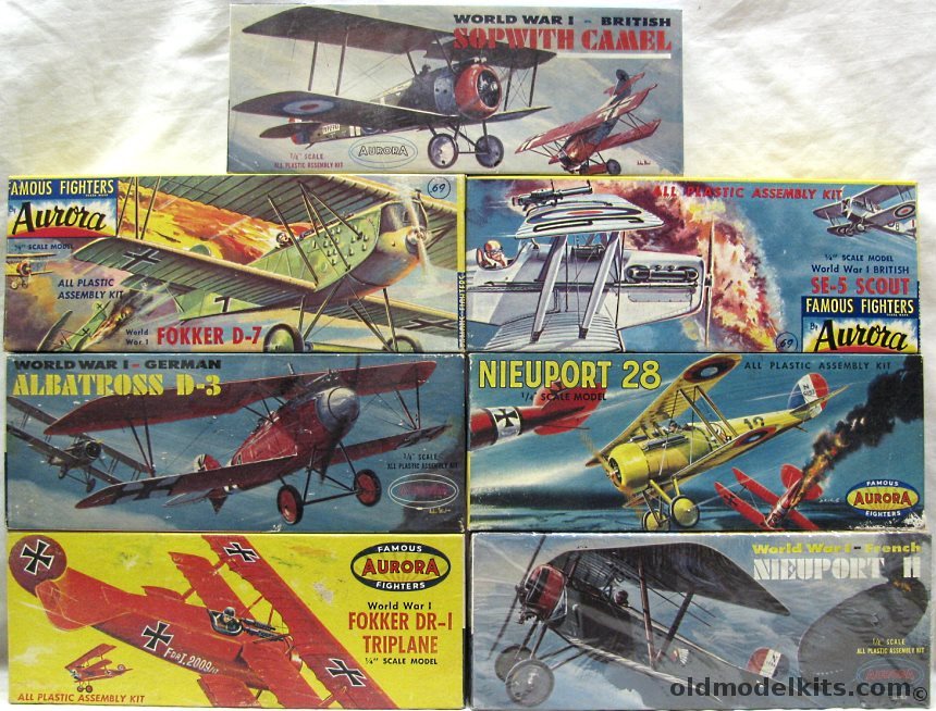 Aurora 1/48 108-69 Nieuport 28 / 102-100 Sopwith Camel / 103-69 SE-5 Scout / 106-69 Fokker D-VII / 101-100 Nieuport 11 / 105-79 Fokker DR-1 Triplane / 104-100 Albatross D-III plastic model kit